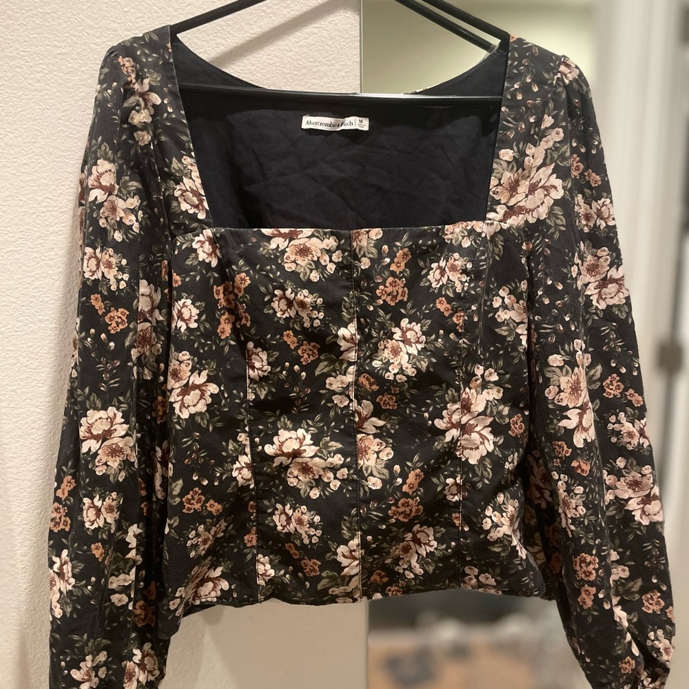 Abercrombie & Fitch Black Floral Square-Neck Long-Sleeve Top